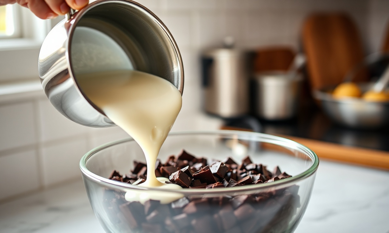 Trufa De Chocolate Cremosa E Profissional: Apenas 4 Ingredientes 5 O momento em que o creme de leite quente é despejado sobre o chocolate picado.
