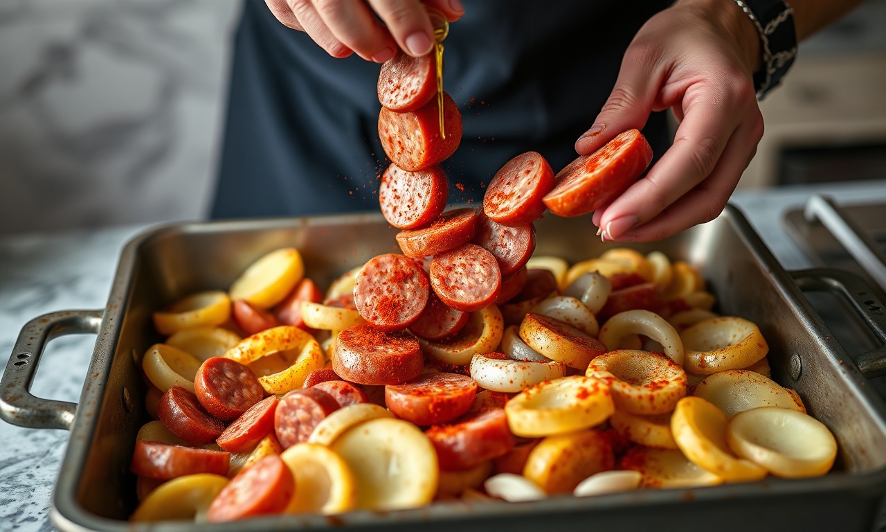 Mãos misturando os ingredientes crus na travessa com azeite e temperos.