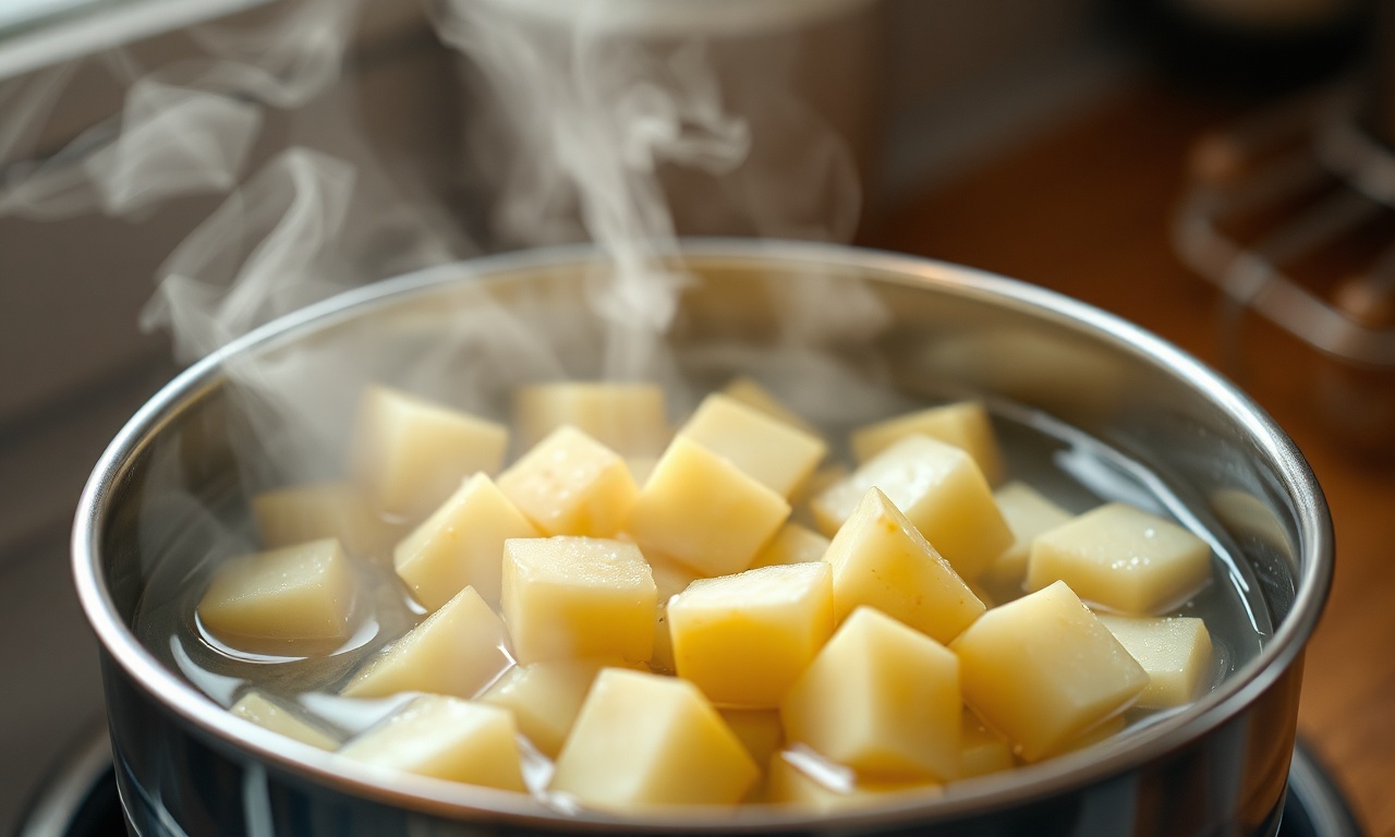 O cozimento das batatas no vapor, o passo que define a textura.