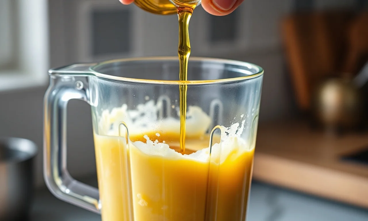 O momento de emulsificar o óleo na mistura de batata e gemas.