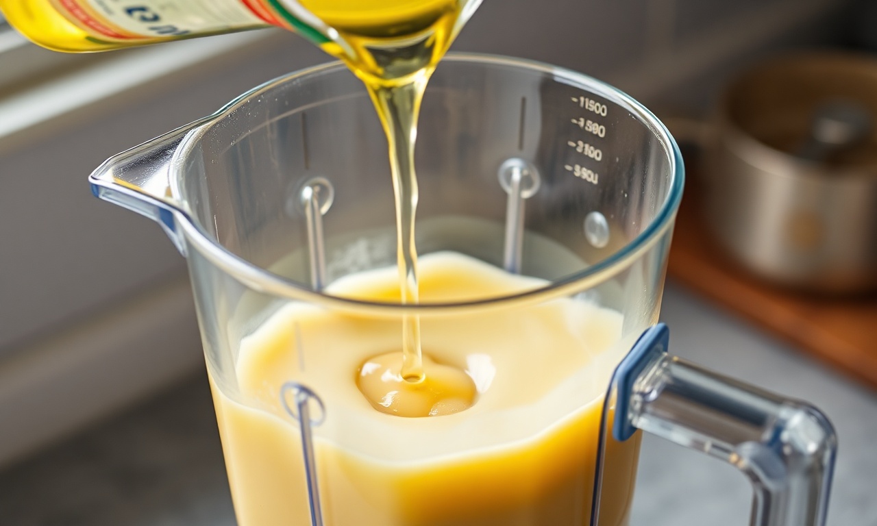 Óleo sendo adicionado em fio fino a um liquidificador em funcionamento, com a mistura já espessa e esbranquiçada.