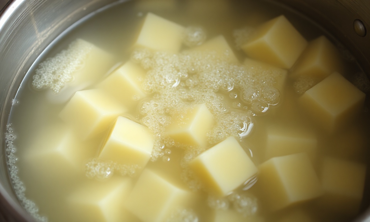 Mandioca Cozida Perfeita: Receita Cremosa Em 15 Minutos 5 Pedaços de mandioca fervendo suavemente em uma panela de água.