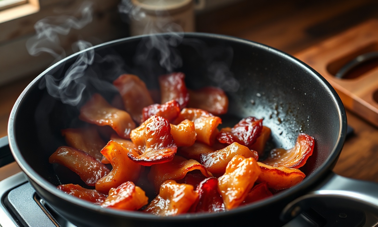 Manteiga De Bacon Cremosa E Defumada Em 25 Min (Apenas 2 Ingredientes) 5 Bacon cozinhando na panela, com a gordura se separando e os pedaços ficando crocantes.
