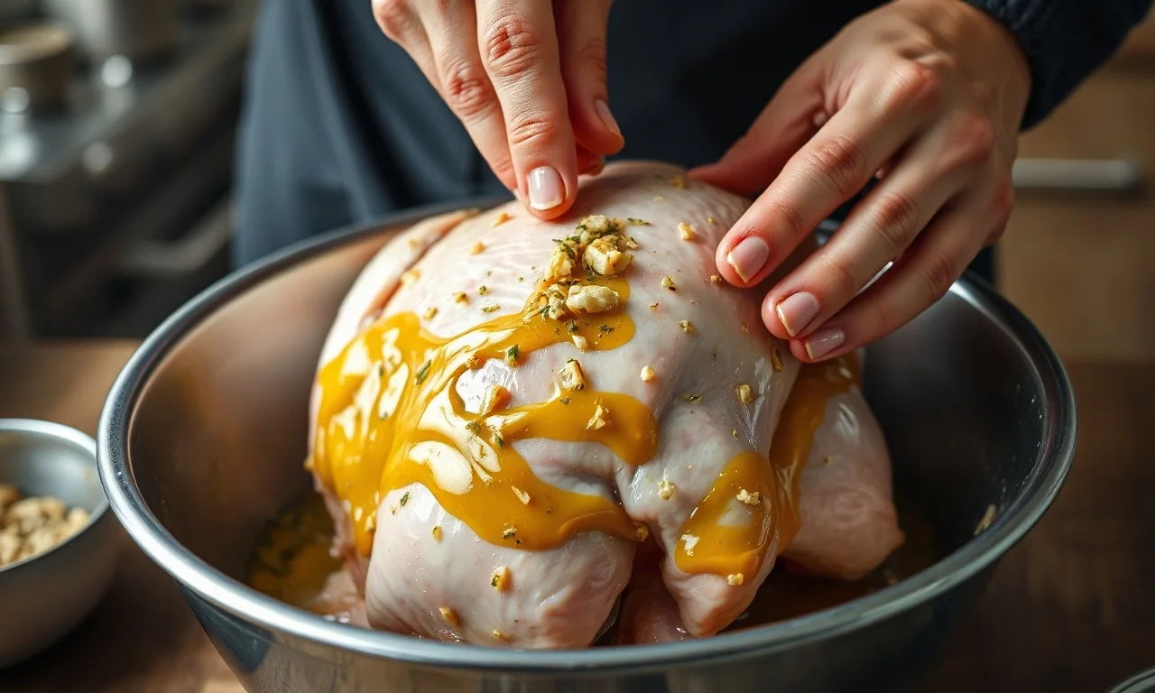 Massageando o galeto com a pasta de tempero
