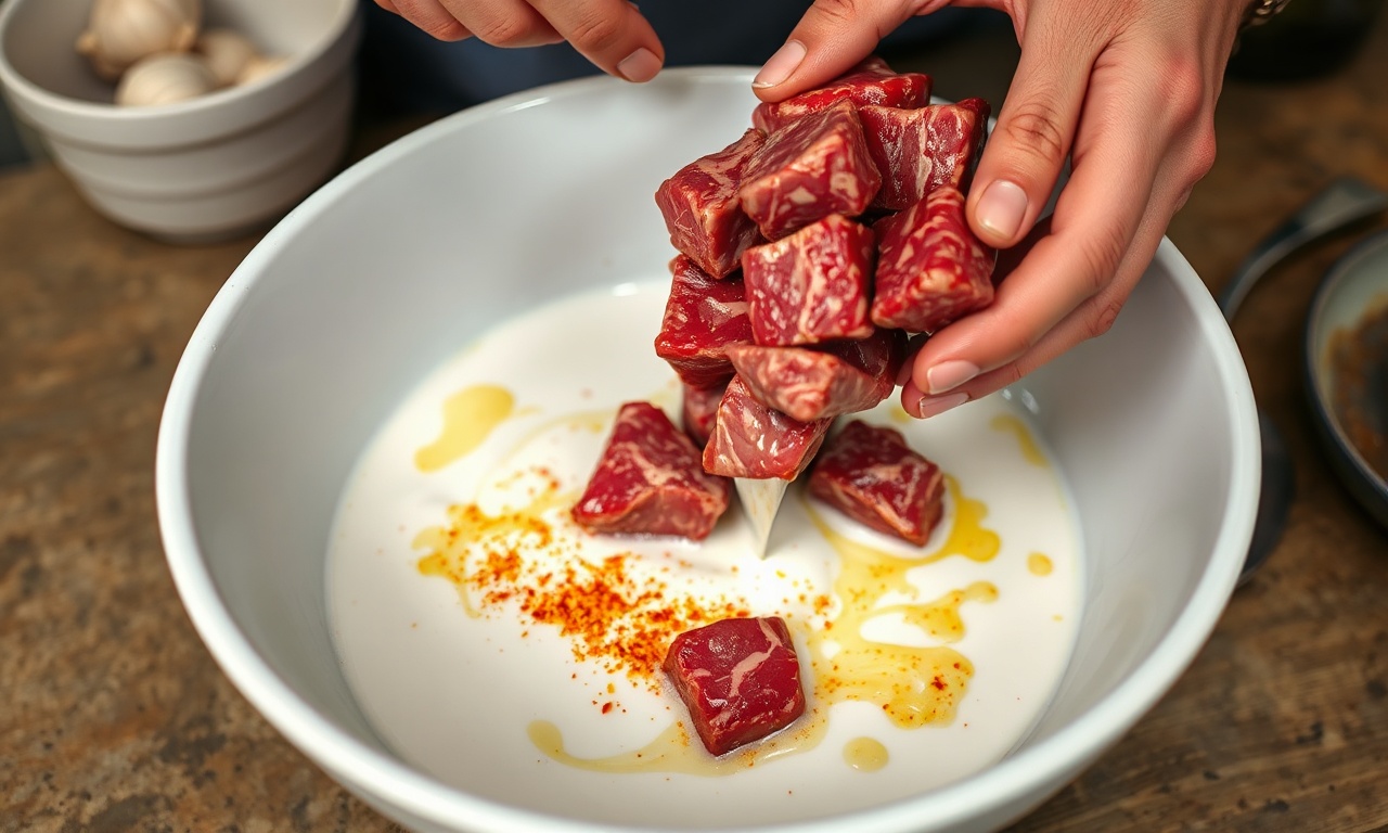 Mão adicionando cubos de carne à mistura cremosa de iogurte e limão.