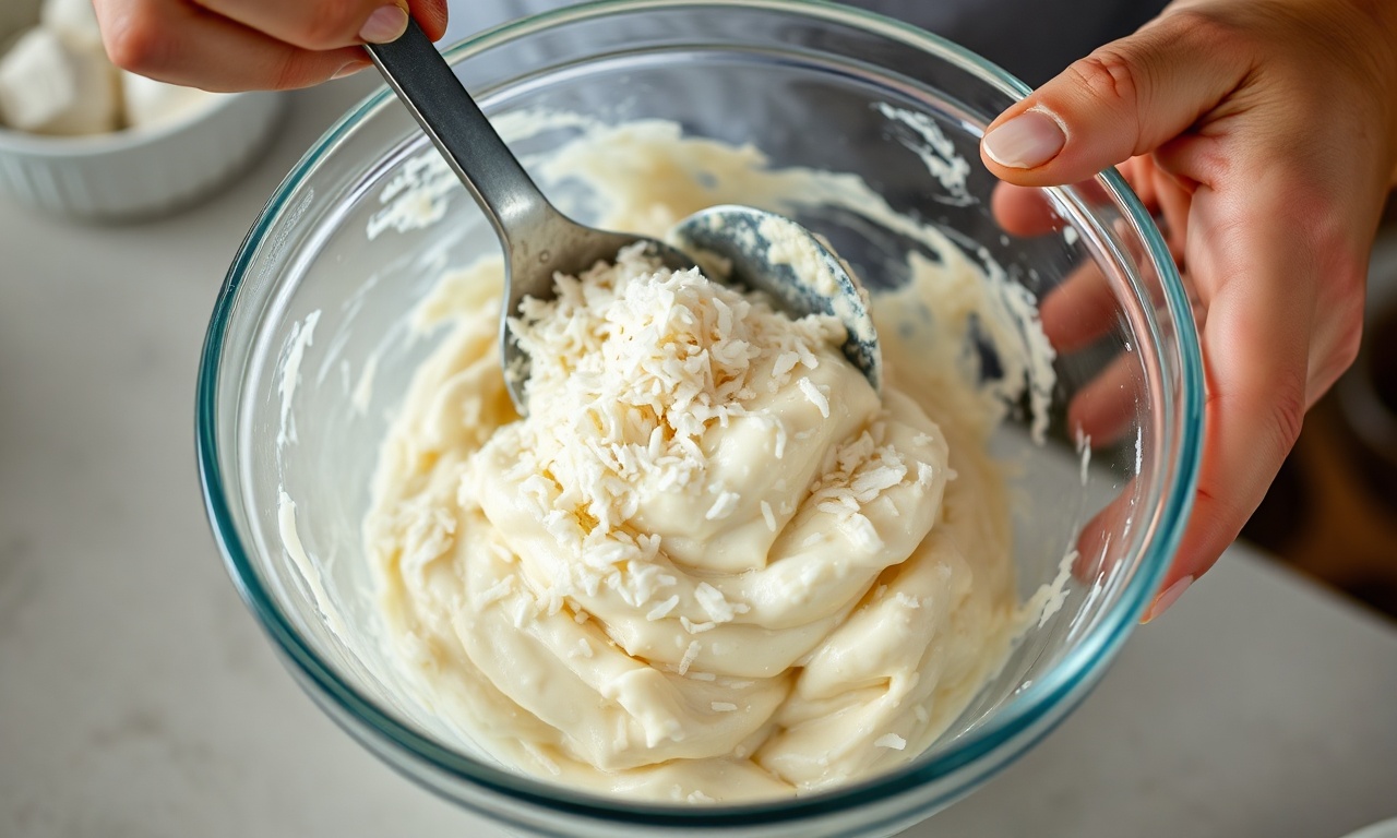 Bala De Coco Gelada: Fácil, Sem Fogão E Apenas 3 Ingredientes 5 Mãos misturando a massa de leite condensado e coco seco em uma tigela.