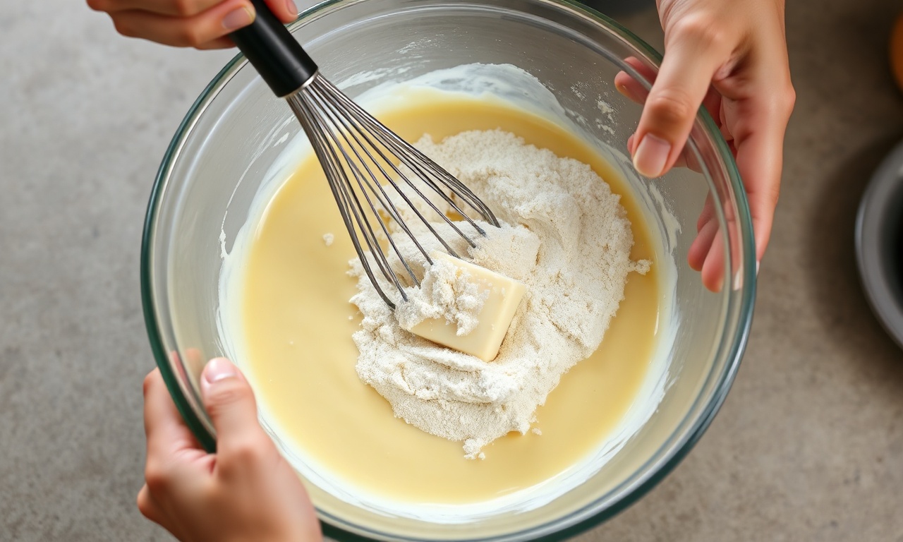 Rosca De Leite Condensado Fofinha Em 50 Min (Só 7 Ingredientes) 5 Misturando os ingredientes líquidos com a farinha peneirada.