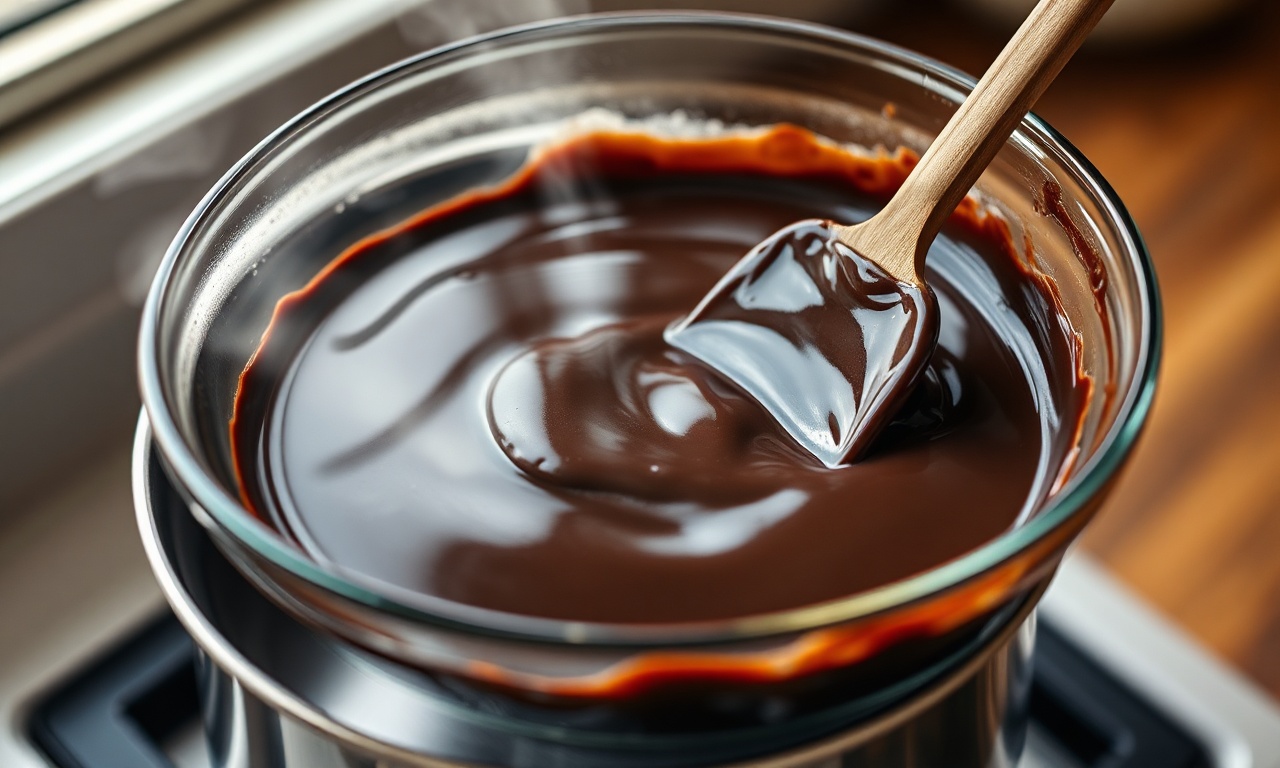 O momento de derreter o chocolate em banho-maria, o passo mais importante para a cremosidade.