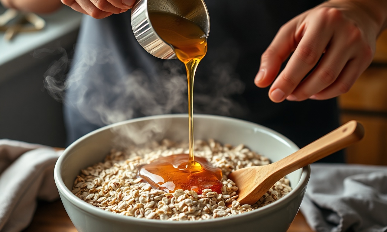 O momento de misturar o mel quente com os ingredientes secos.