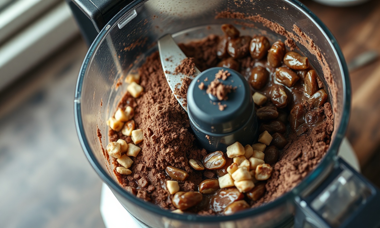 Processando as tâmaras mornas com os ingredientes secos.