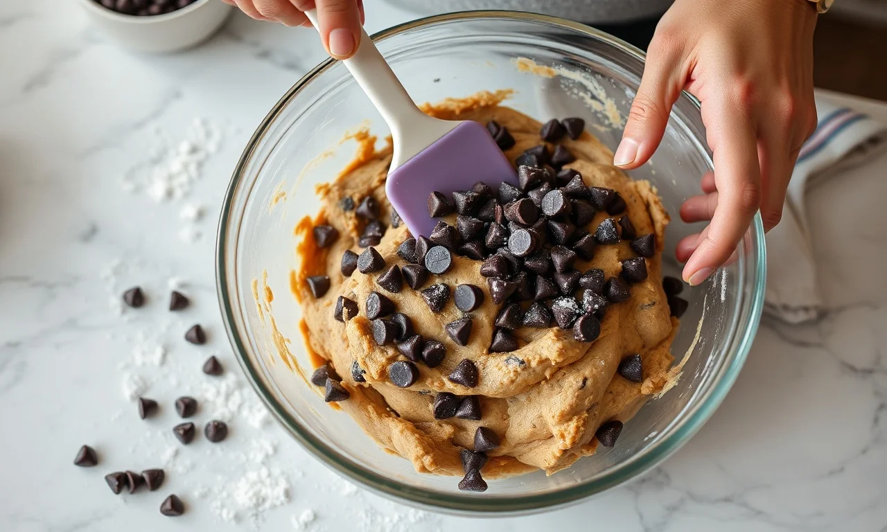 Incorporando as gotas de chocolate na massa firme com espátula