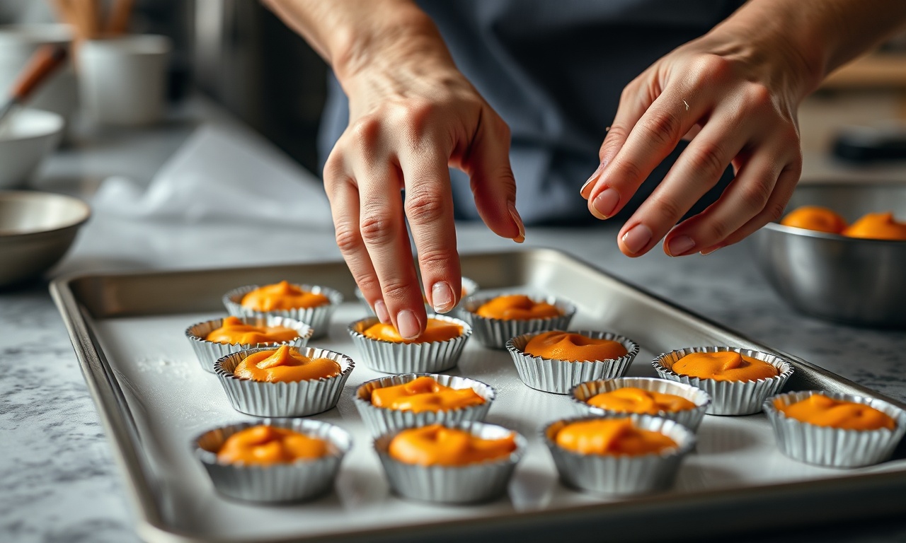 Empadinha Fit De Batata Doce Fofinha Com Frango (Saudável) 5 Mãos preenchendo forminhas de empada com a massa laranja de batata doce.