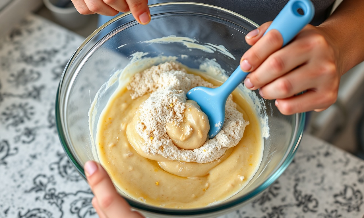 Misturando os ingredientes líquidos com os secos usando uma espátula.