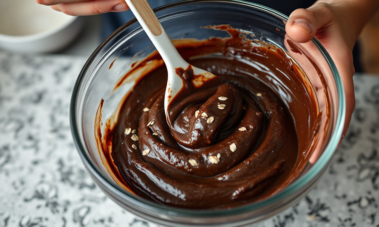 Bolinho Fit De Chocolate Fofinho Com Aveia E Banana (Sem Açúcar) 5 Misturando a massa escura e homogênea na tigela.