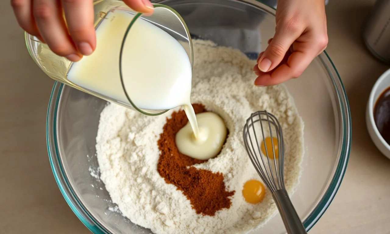 O momento de misturar os ingredientes líquidos com os secos.