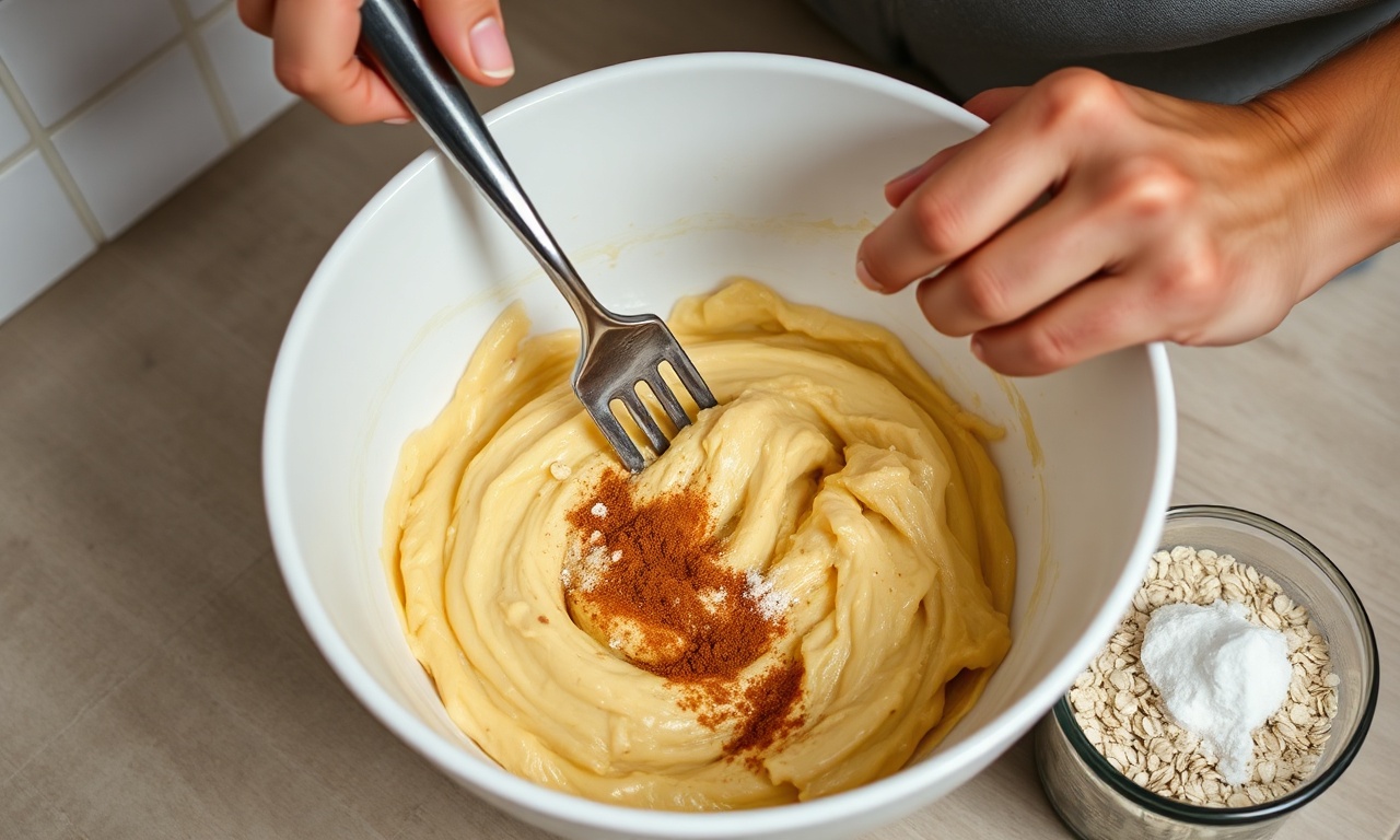 O momento de amassar as bananas e misturar os ingredientes secos.