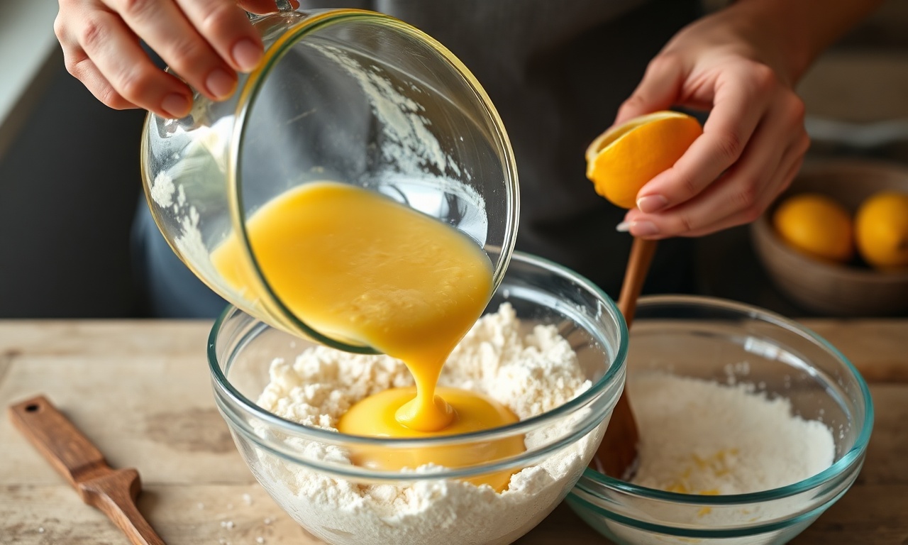 Despejando a massa líquida amarela nos ingredientes secos dentro de uma tigela