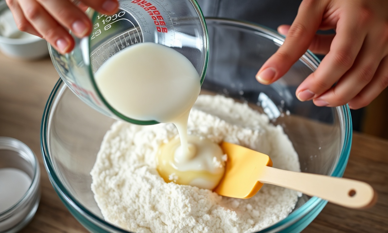 O momento de misturar os ingredientes úmidos nos secos, com a espátula.