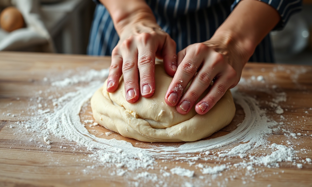 Pão Doce Recheado Com Creme: Fofinho Em 60 Minutos 5 Mãos sovando a massa lisa e elástica na bancada.
