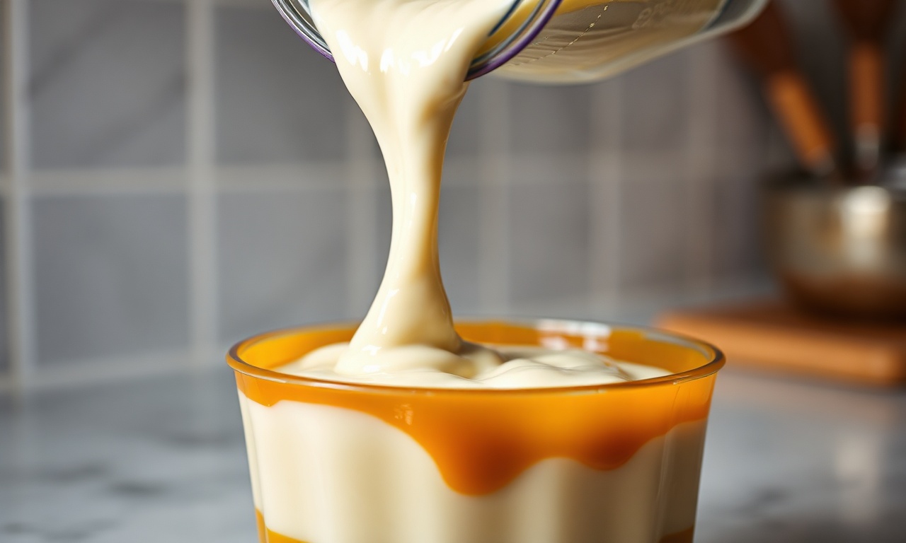 Despejando a massa cremosa do liquidificador sobre a calda de caramelo na forma.