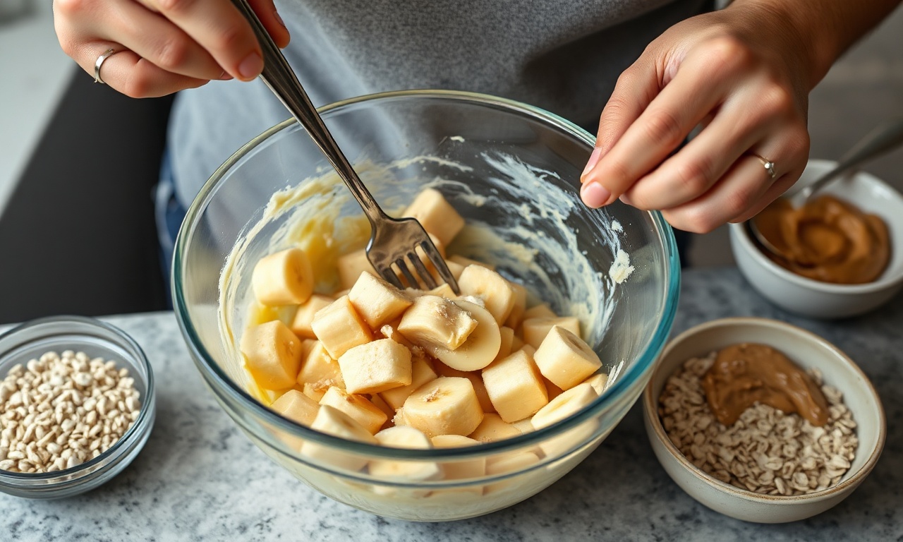 Ação de amassar as bananas e misturar a aveia para formar a massa.