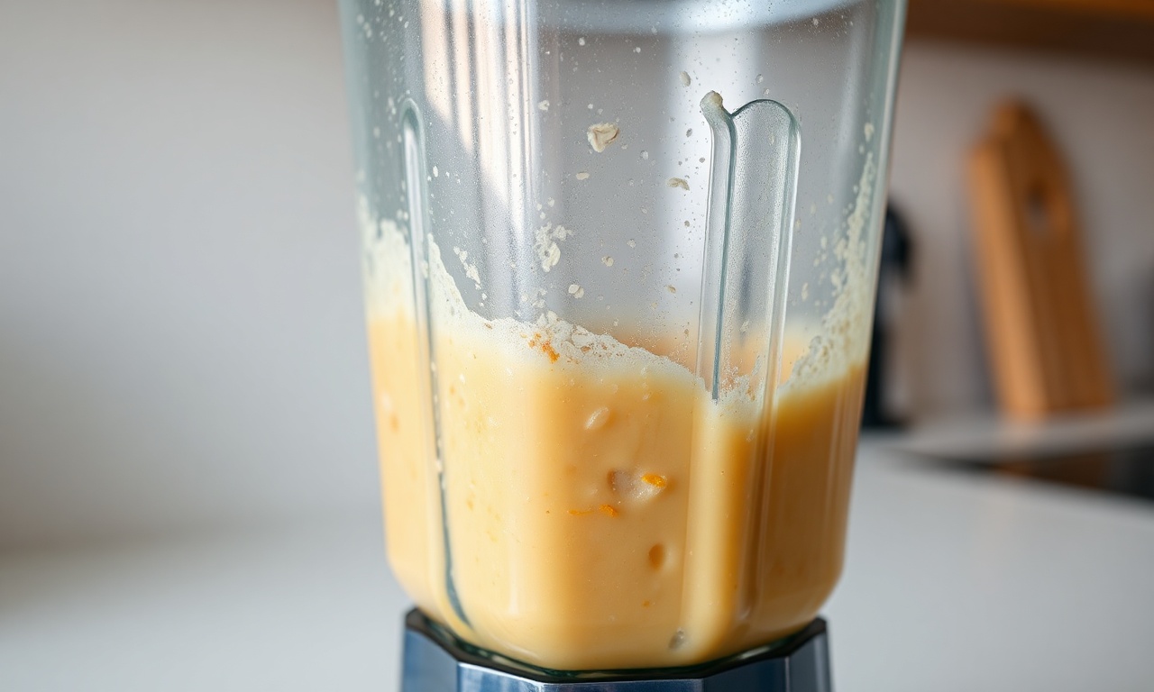 O momento de bater a aveia, ovos, mel e suco de laranja no liquidificador.