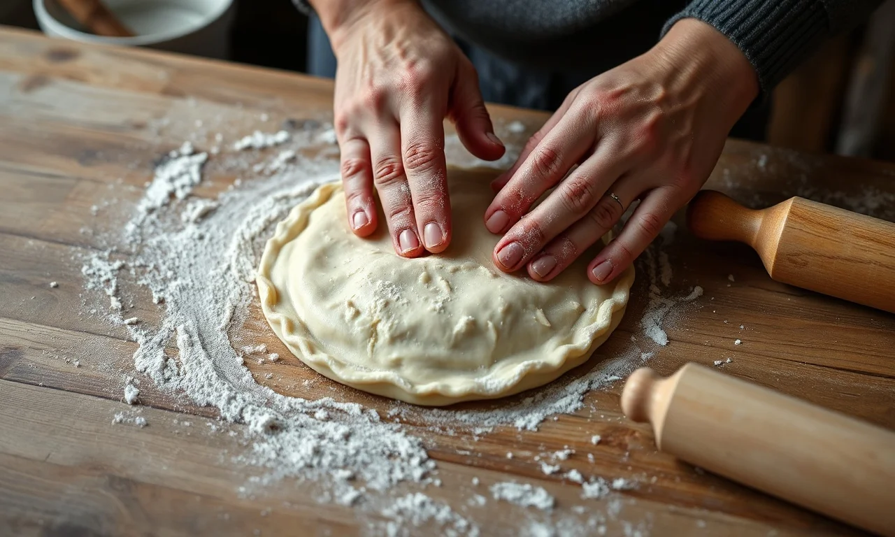 Torta De Abóbora Americana Cremosa: Receita Autêntica 5 Mãos modelando a massa fria em um disco, com farinha espalhada na superfície.