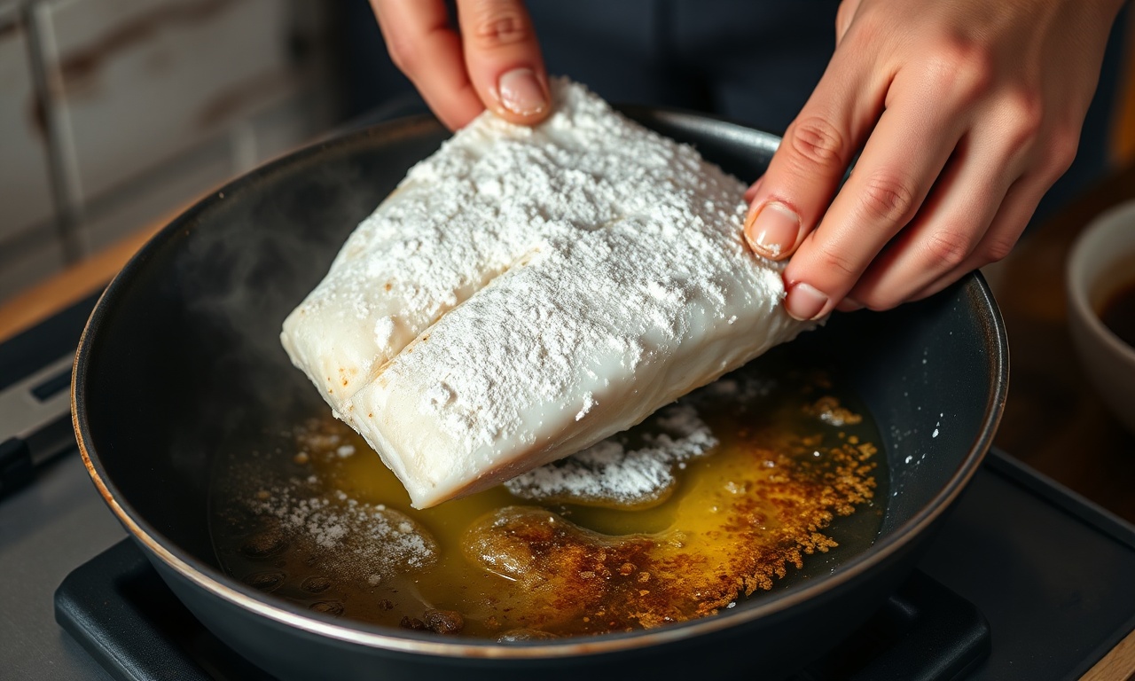 Merluza Ao Molho De Camarão Cremoso: Pronta Em 35 Min 5 O momento de selar os filés de merluza na farinha e dourar na frigideira.