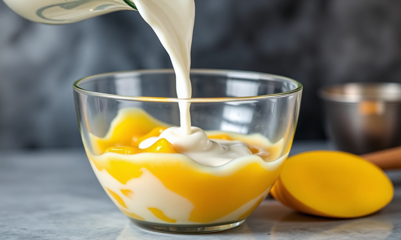Despejando o creme de leite na mistura de manga e leite condensado.