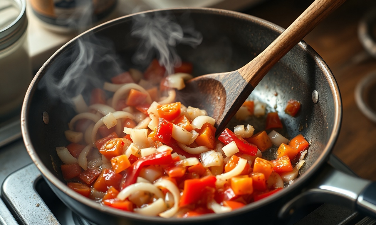 Refogando cebola, pimentão e tomates no azeite de dendê dentro de panela