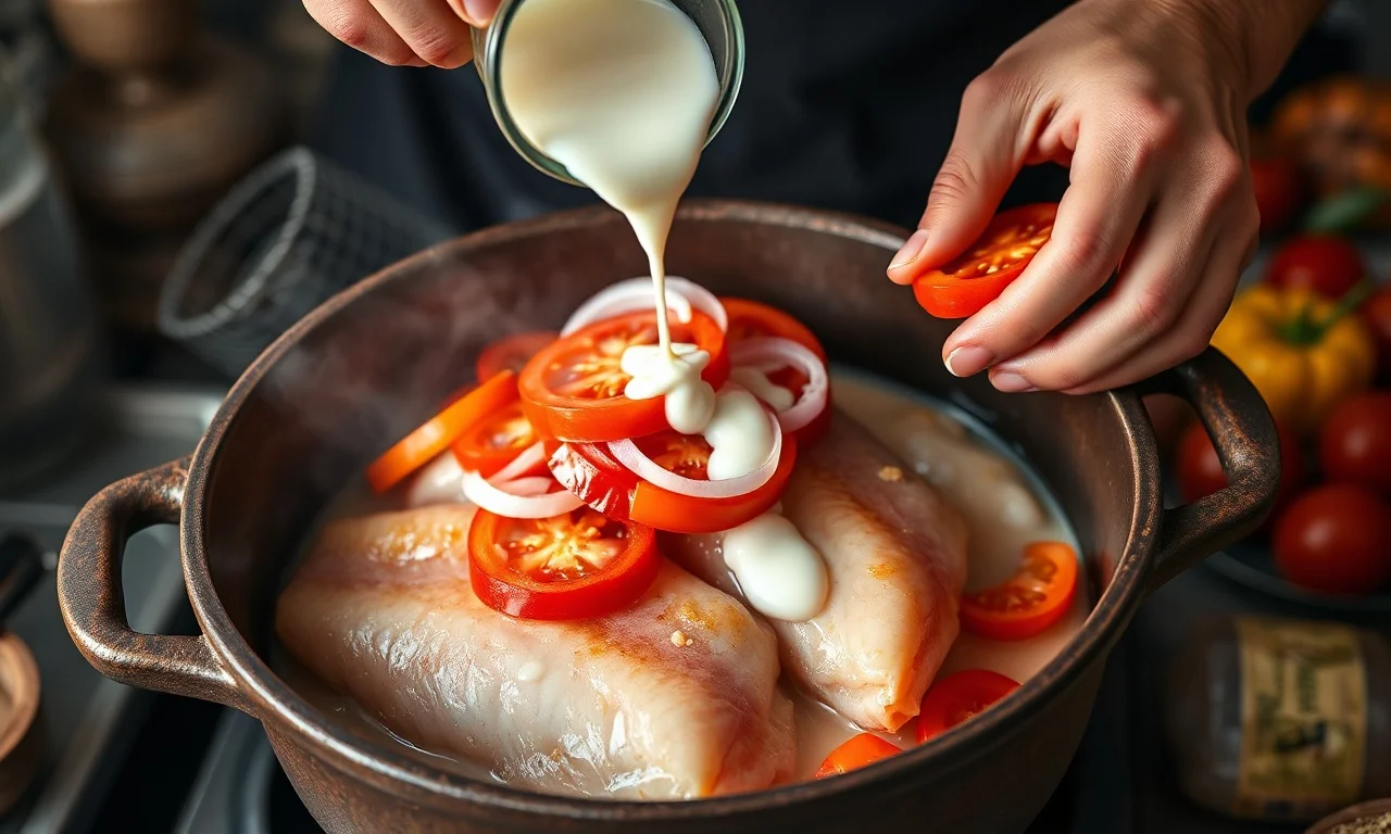Montagem das camadas de peixe e verduras na panela antes de cozinhar