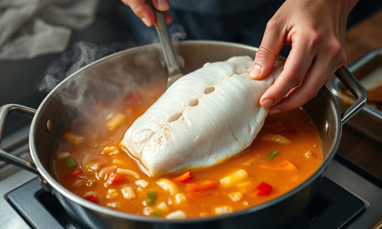 Moqueca De Panga Cremosa Em 40 Min (Fogo Baixo) 5 O momento de colocar os filés de panga no caldo cremoso.