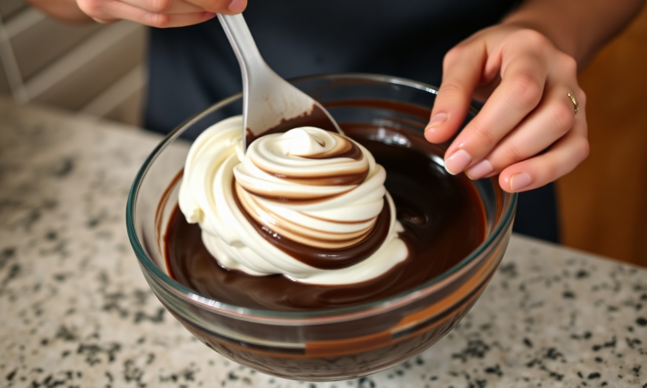 Momento de incorporar o creme batido ao chocolate derretido.