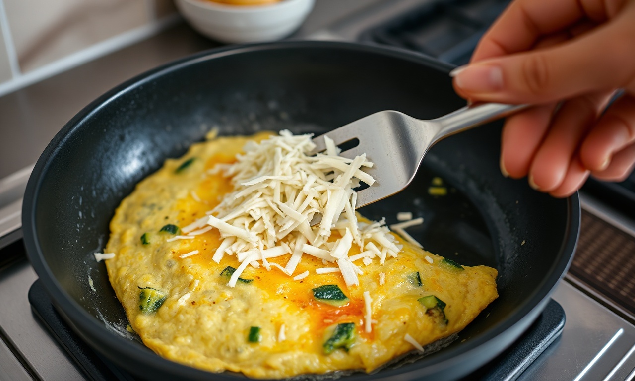 O momento de espalhar o queijo derretido sobre a metade da omelete.