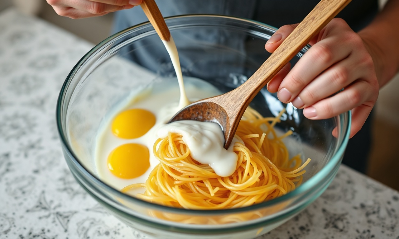 Omelete De Espaguete Fácil E Cremosa: Pronta Em 25 Minutos 5 Misturando os ovos, o leite e o espaguete na tigela.