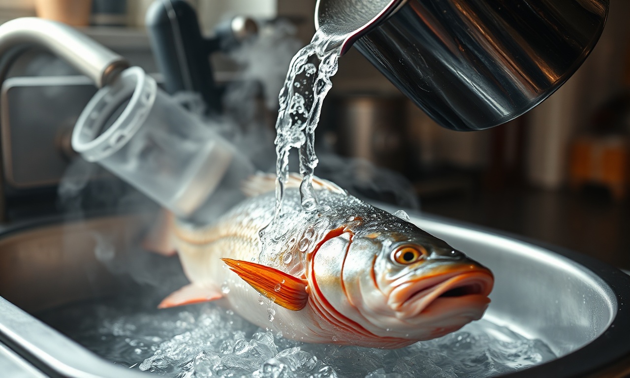 Escaldando a pele do peixe com água fervente