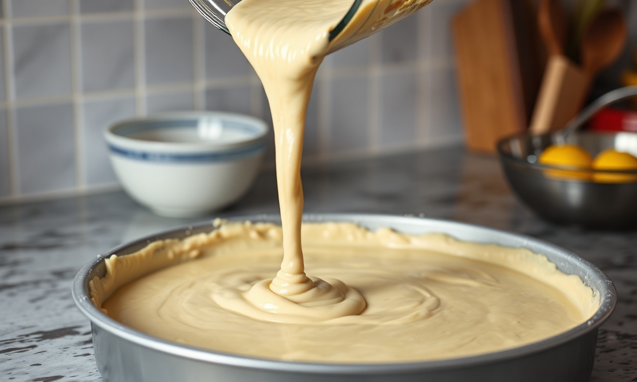 Despejando a massa homogênea do liquidificador para a forma de pizza untada.