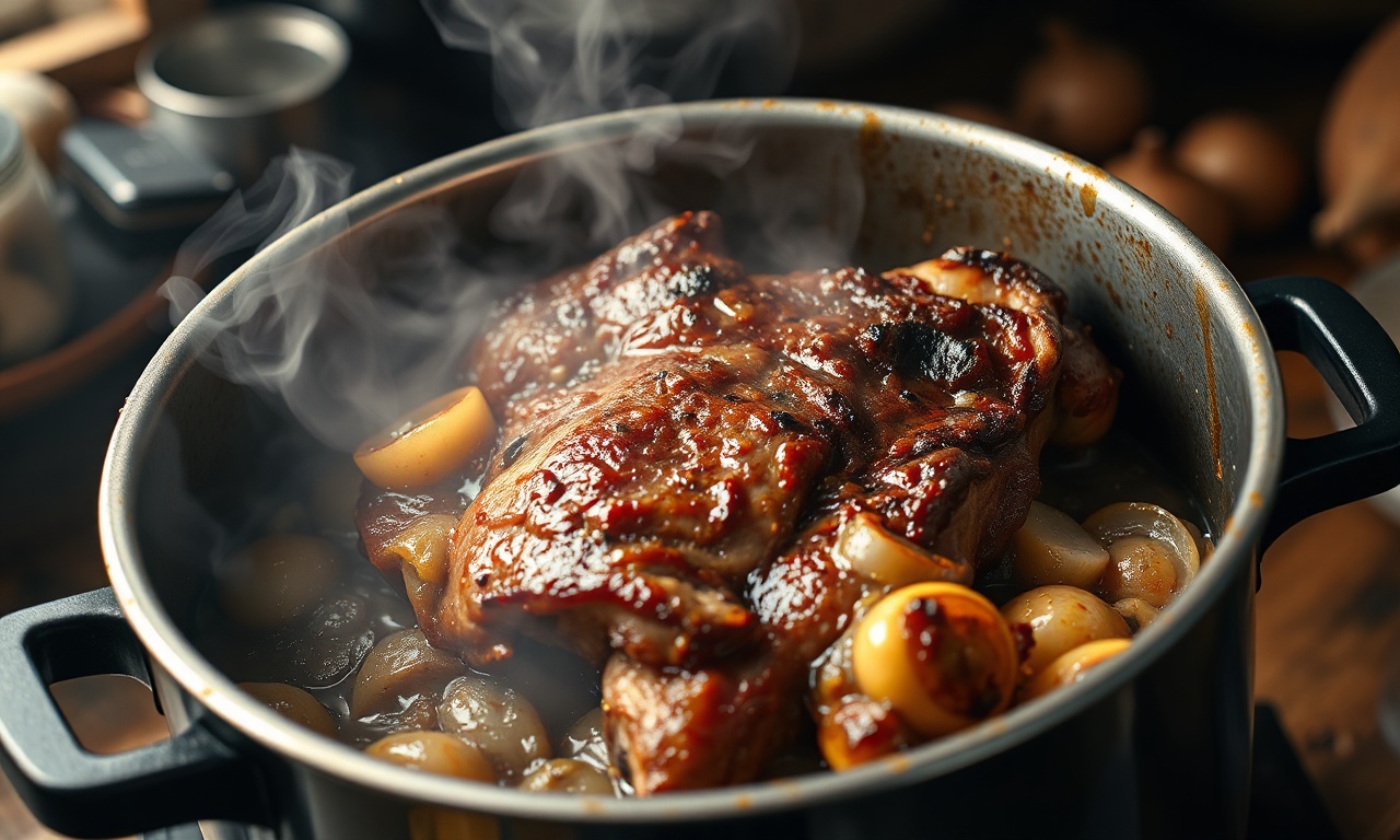 Selando os pedaços de carne na panela com cebola dourada.