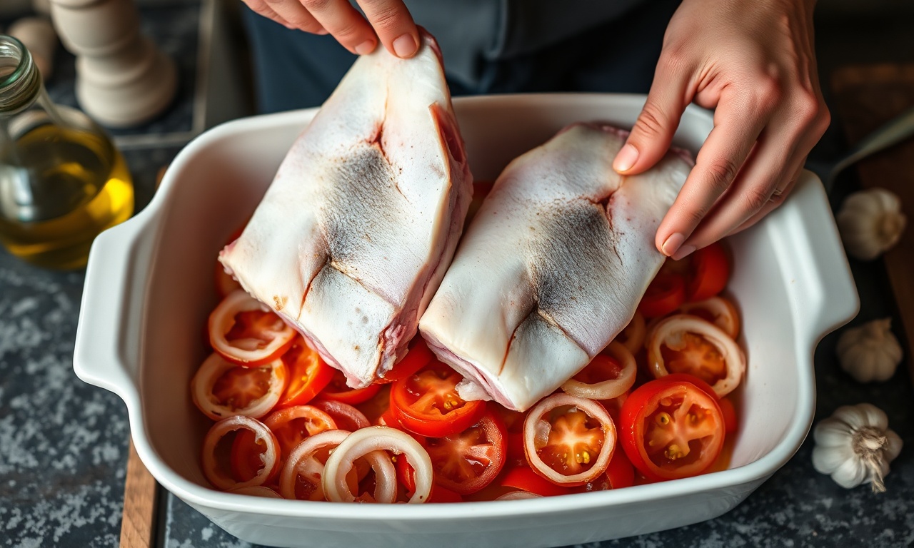 Posta De Cação No Forno Macia E Dourada Em 35 Minutos 5 Postas de cação sendo colocadas sobre a cama de tomate e cebola na assadeira antes de ir ao forno