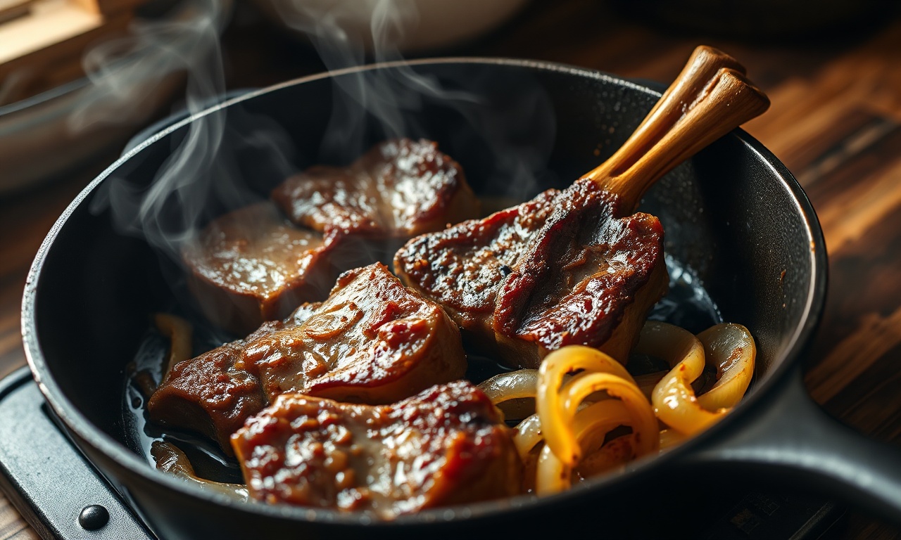 Carne sendo selada em panela quente com cebola refogando ao lado
