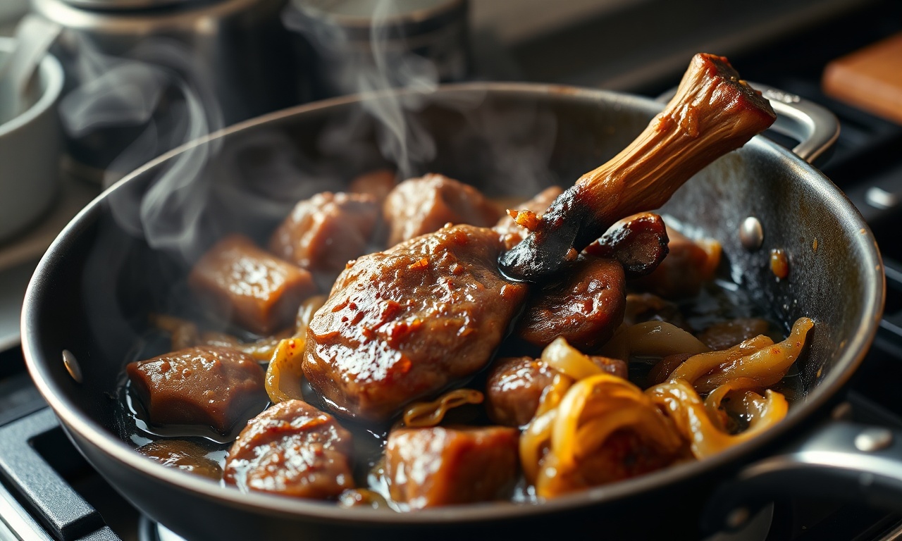 O momento de dourar a carne na panela de pressão.