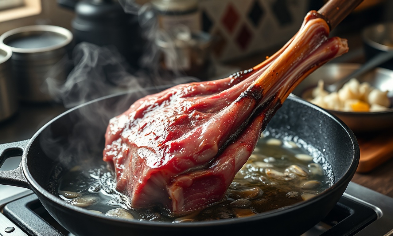 O momento de selar a carne na panela quente para criar a crosta dourada.