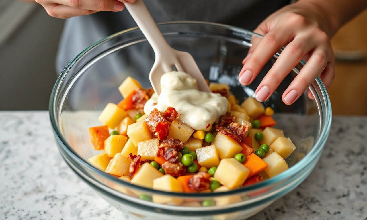 Adicionando a maionese aos ingredientes na tigela para misturar.