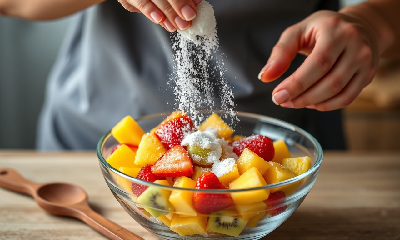O momento em que o açúcar é polvilhado sobre as frutas para macerar.