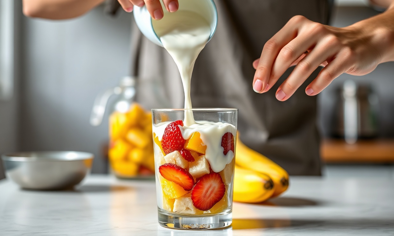 Montagem das camadas nas taças, com frutas sendo cobertas por iogurte.
