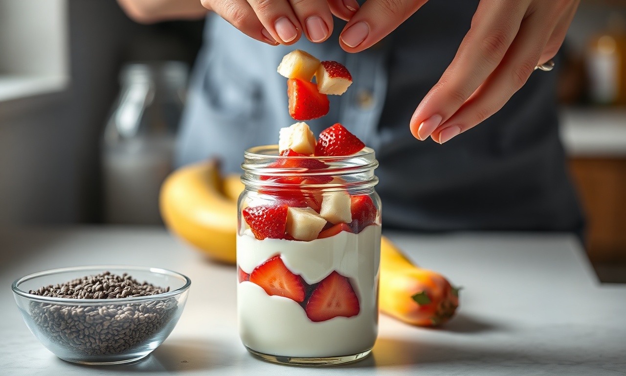 Montagem das camadas no pote, com as frutas sendo adicionadas sobre o iogurte.