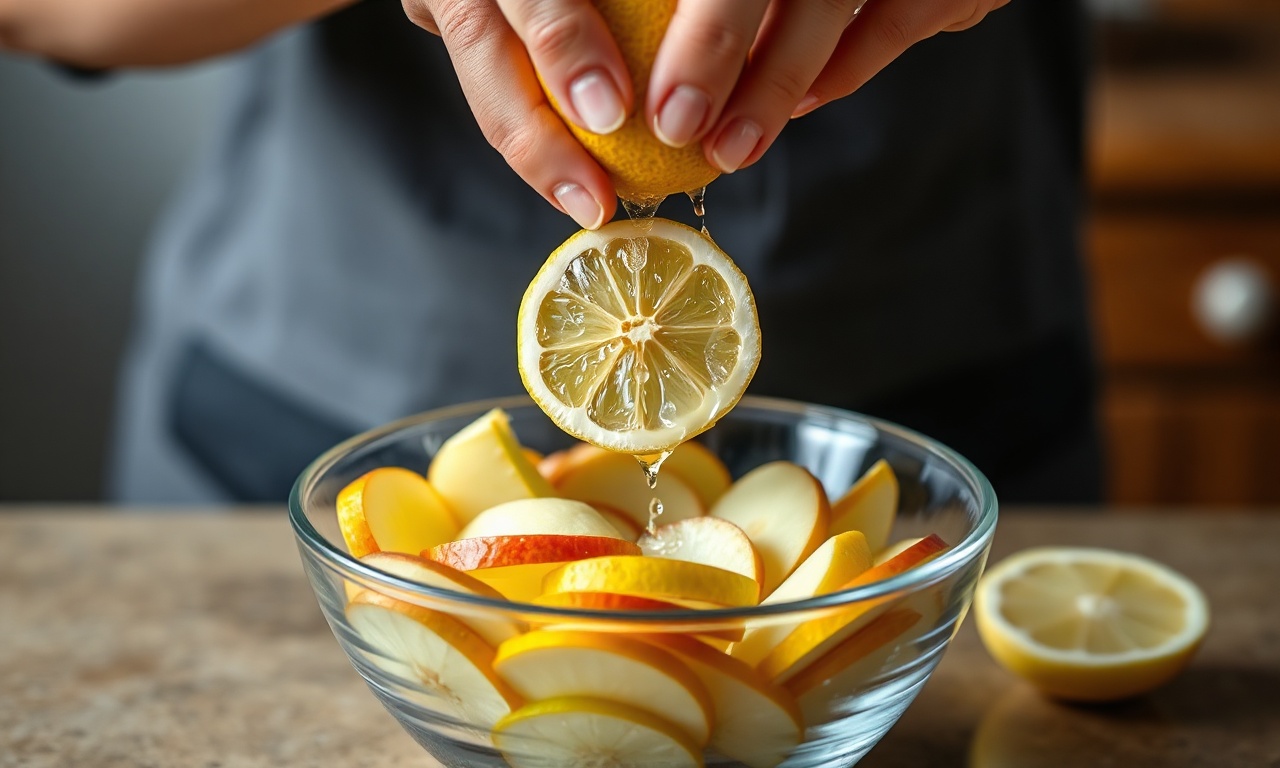 O momento de regar as maçãs cortadas com suco de limão.