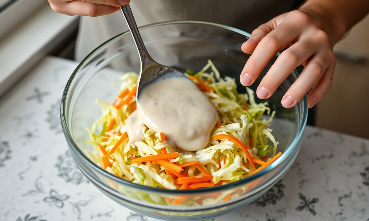 Salada De Repolho Cremosa Com Bacon: A Definitiva Para Churrasco 5 O momento de misturar o molho cremoso aos vegetais fatiados.