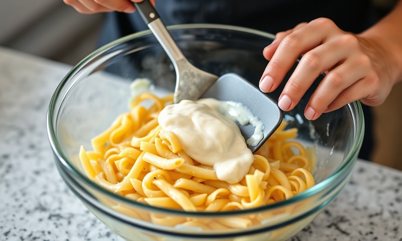 O momento de misturar o macarrão ainda morno ao molho cremoso de maionese e limão.