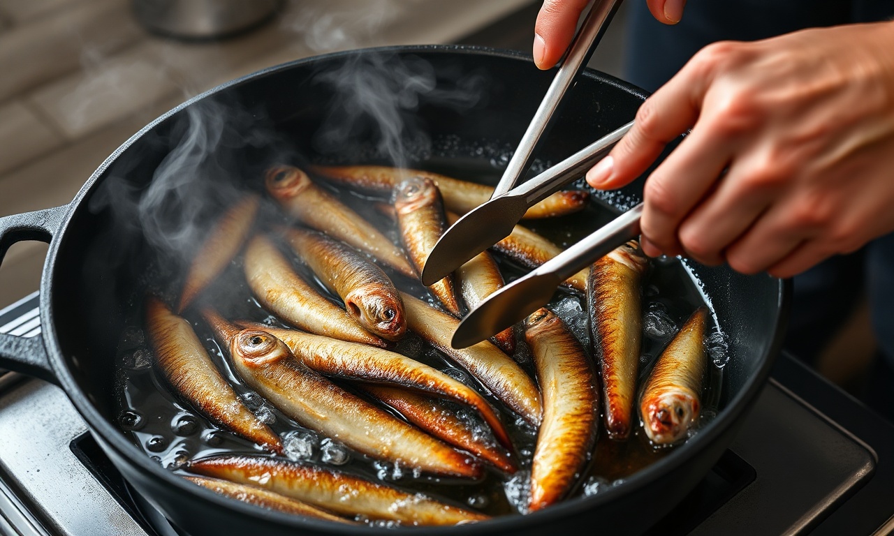 Sardinha Frita De Boteco: Crocante E Pronta Em 25 Minutos 5 O momento da fritura, com as sardinhas sendo viradas na frigideira.